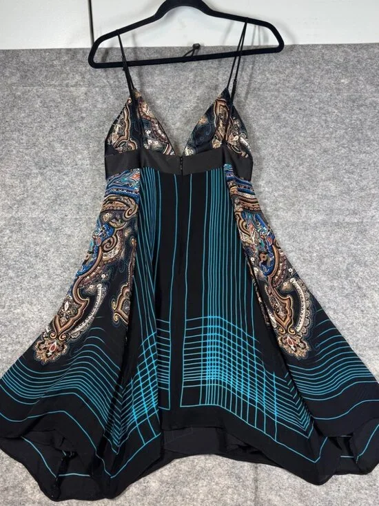 Y2K Vintage Silk Mini Dress Black Blue Paisley Halter Size P Boho Festival Chic - Picture 4 of 15
